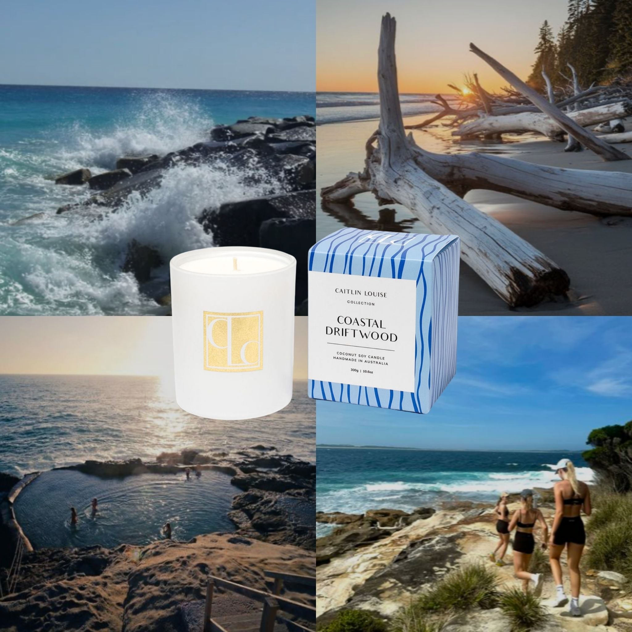 Collage of coastal scenes with a candle and packaging, including ocean waves, driftwood, and people on a beach.