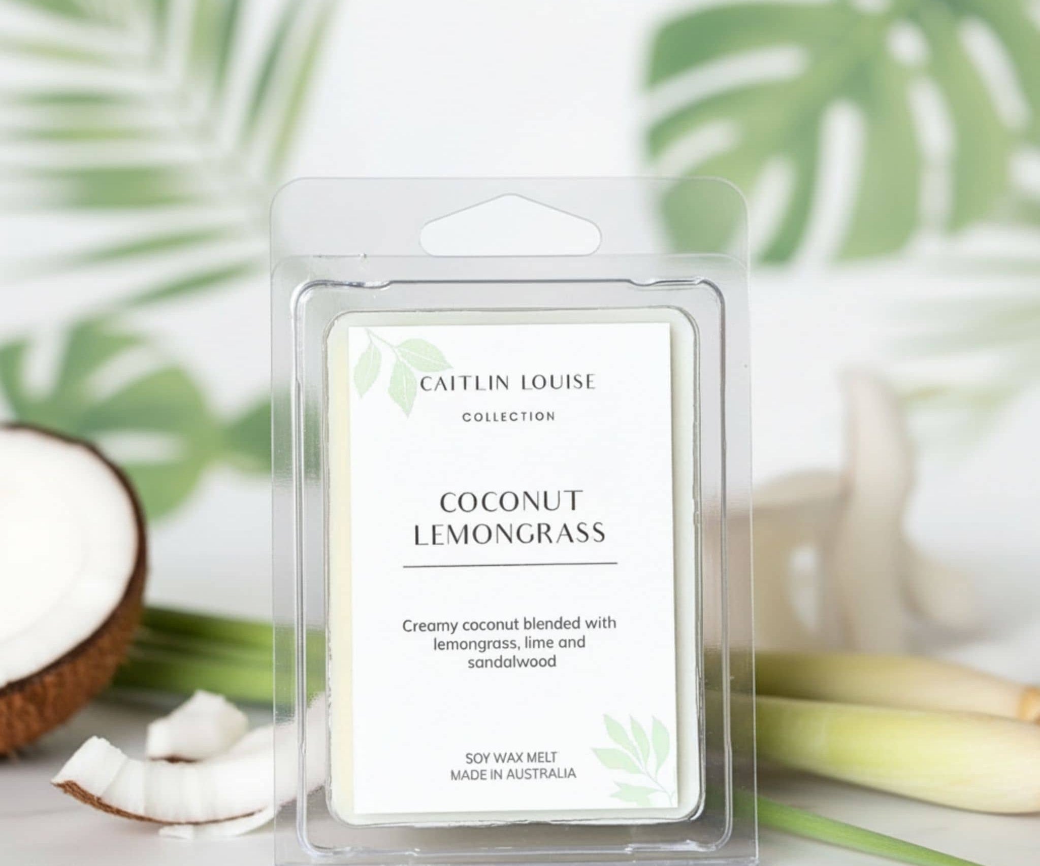 Caitlin Louise Collection Coconut Lemongrass wax melt packaging with coconut and lemongrass on a white background