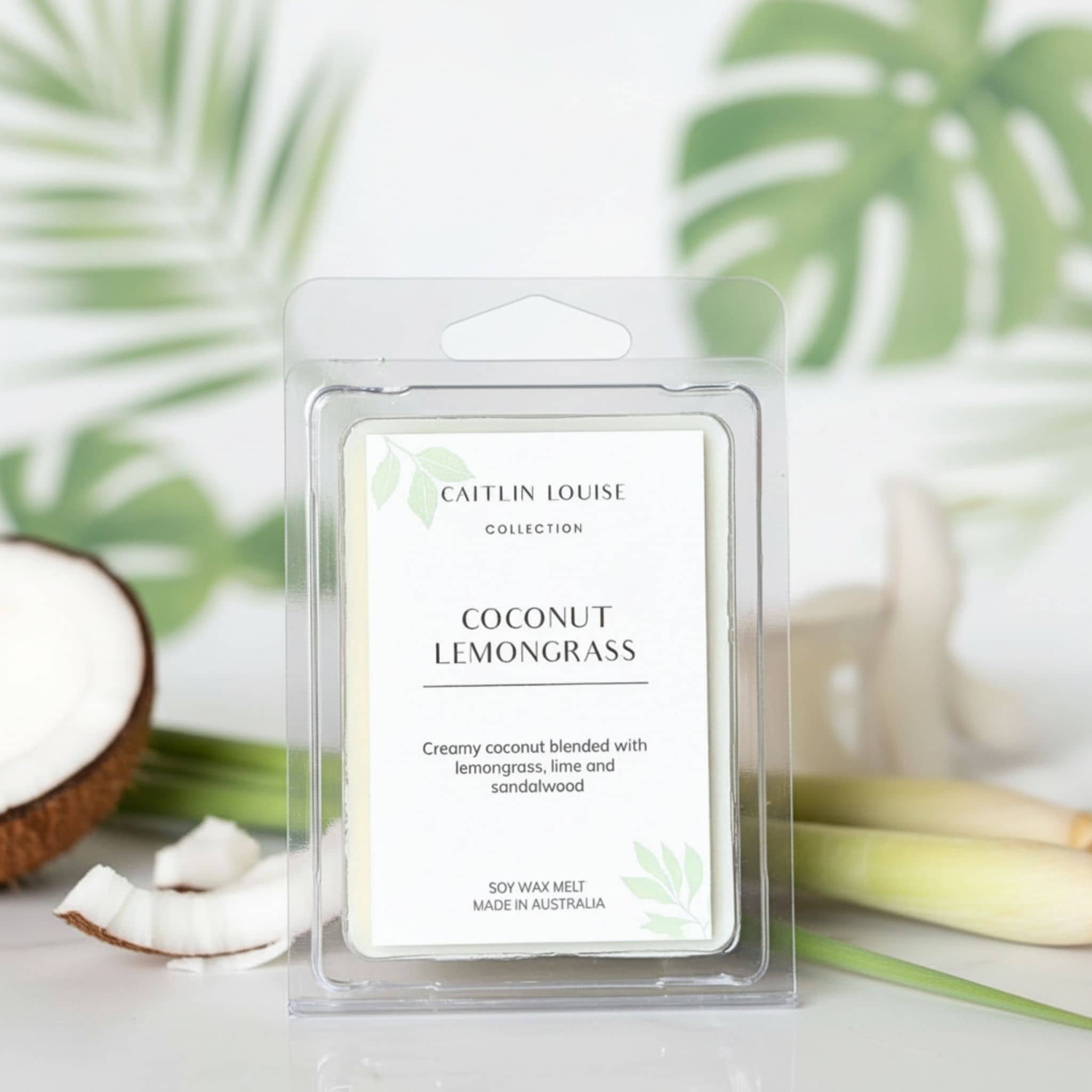 Caitlin Louise Collection Coconut Lemongrass wax melt packaging with coconut and lemongrass on a white background
