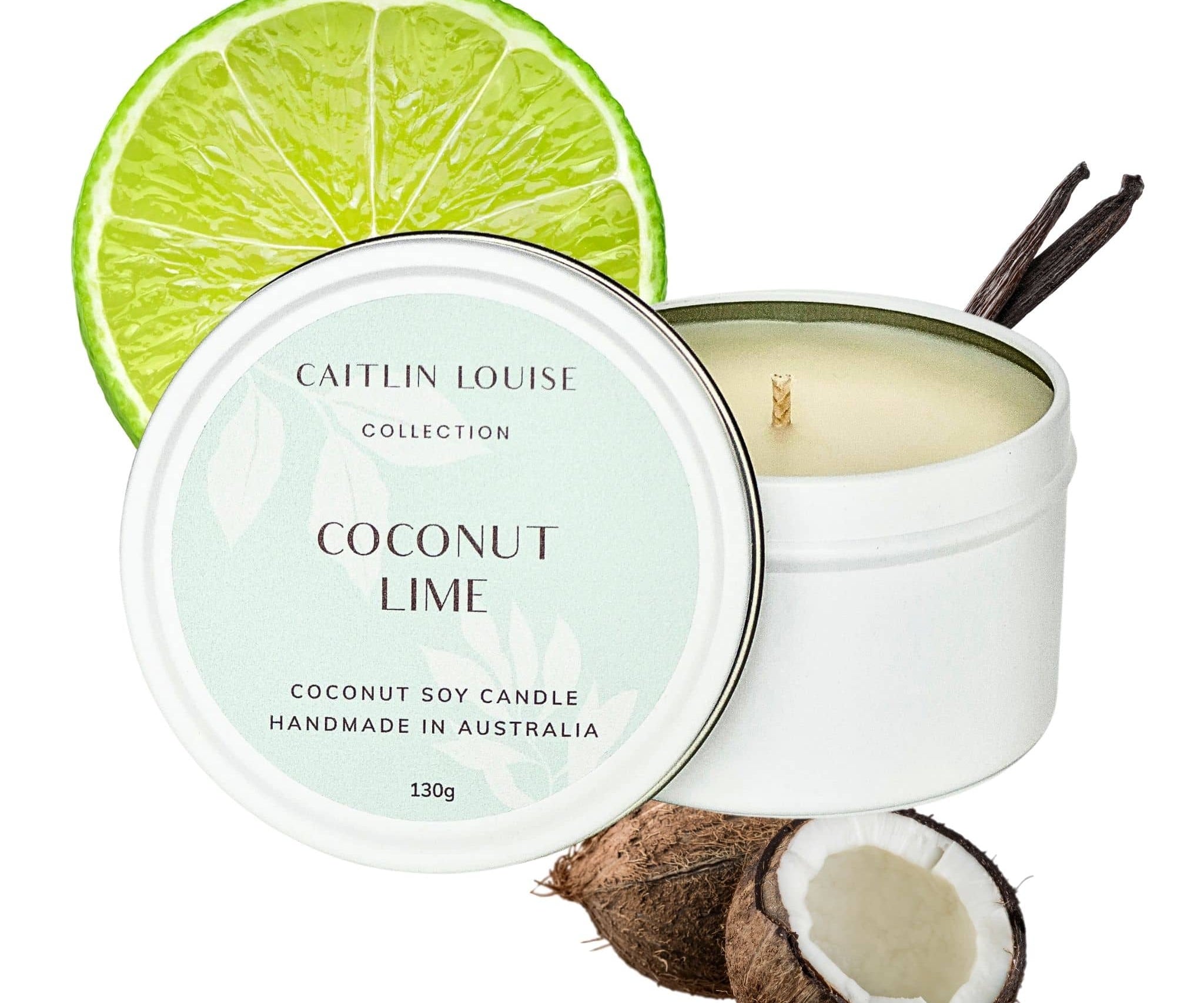 Coconut lime scented travel tin candle - white background