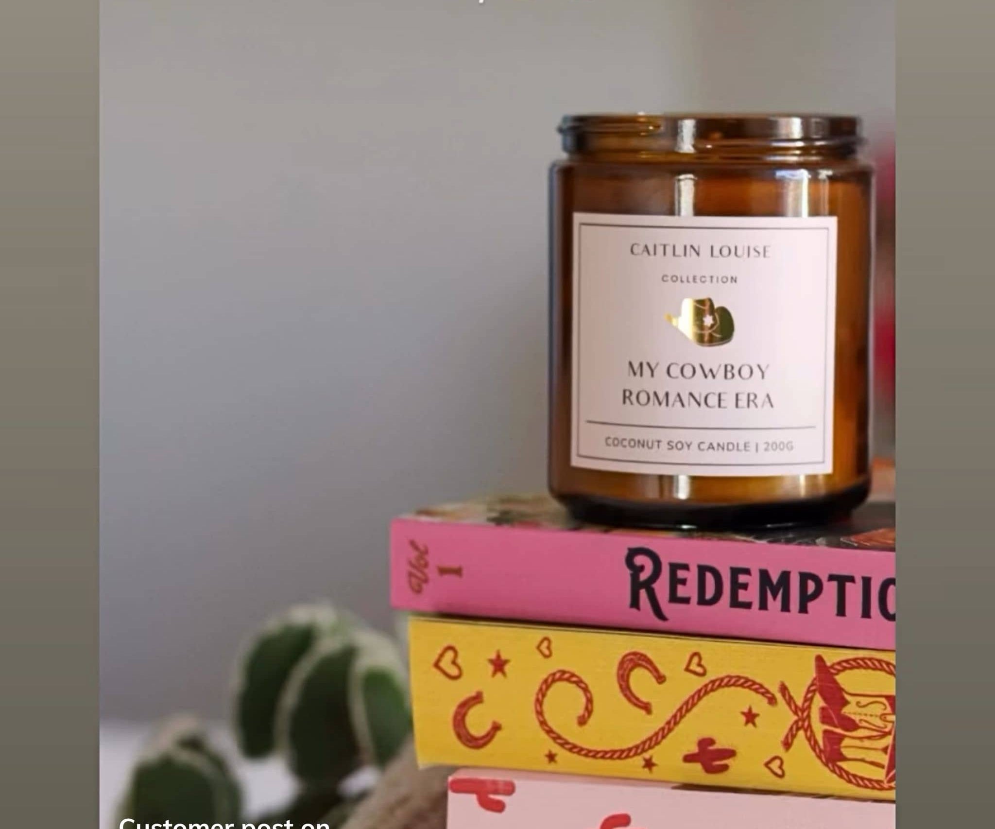 Candle labeled 'My Cowboy Romance Era' on a stack of books with a cactus in the background