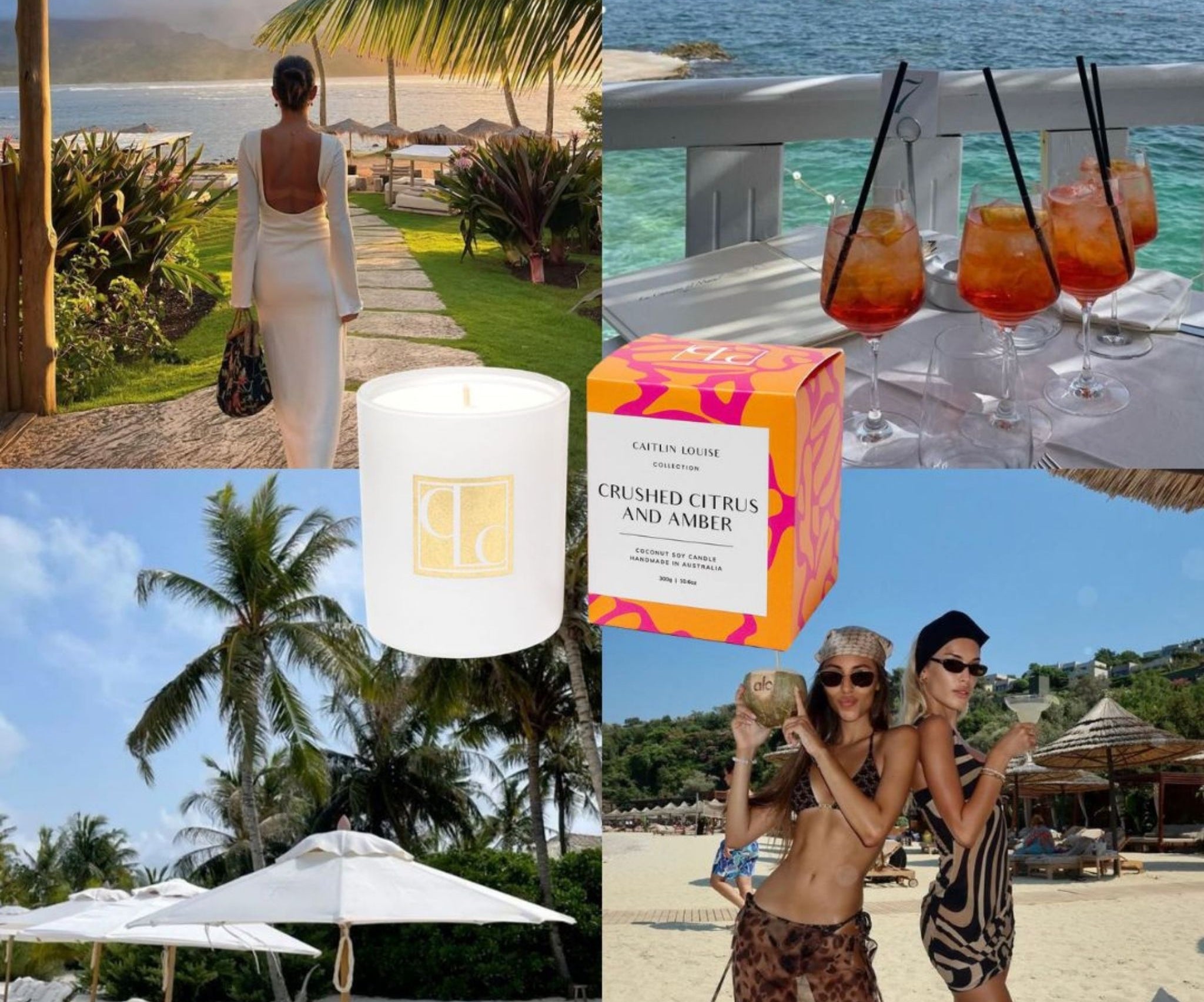 Collage of a woman in a white dress, drinks by the water, a candle, a box of Cartier perfume, and two women on a beach.
