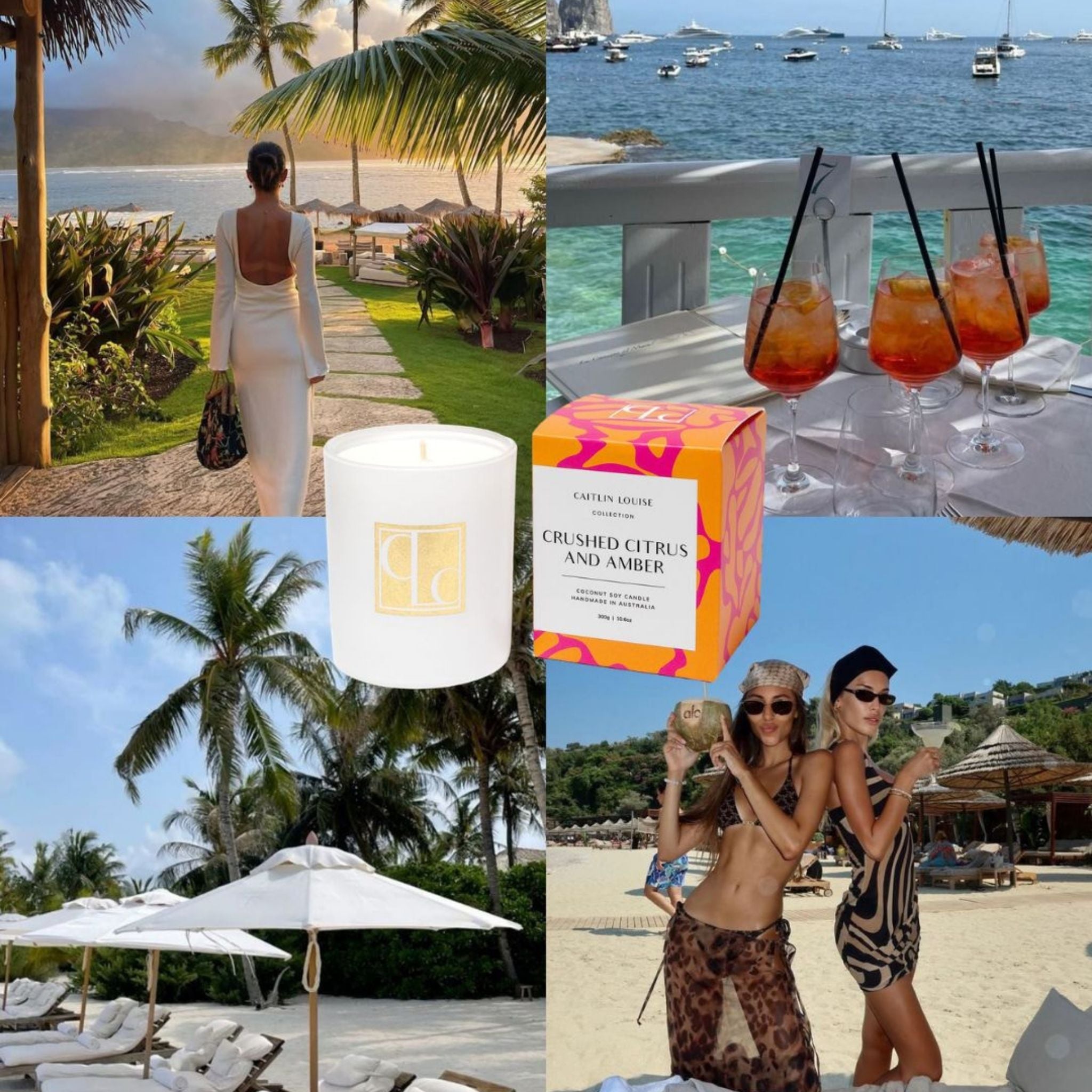 Collage of a woman in a white dress, drinks by the water, a candle, a box of Cartier perfume, and two women on a beach.
