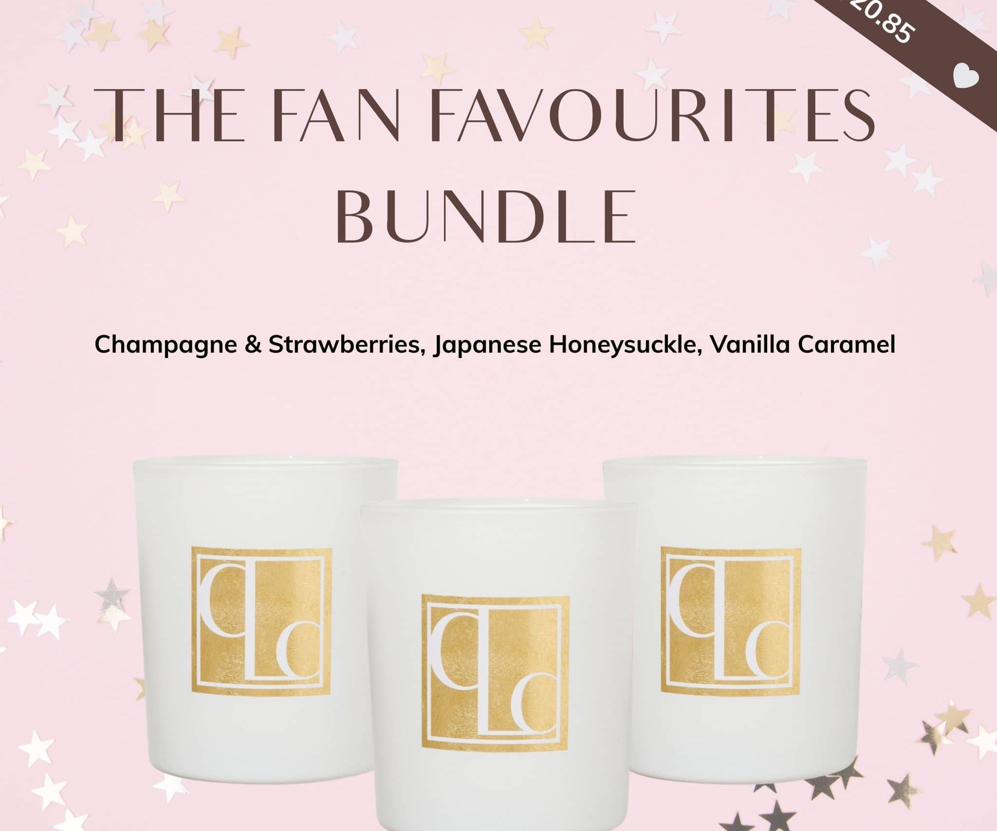 Three candles in white containers with gold logos on a pink background, featuring 'The Fan Favourites Bundle' text.