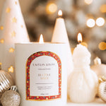 Caitlin Louise Collection Festive Spice Scented Christmas Candle - styled with Christmas baubles and sculptural candles.