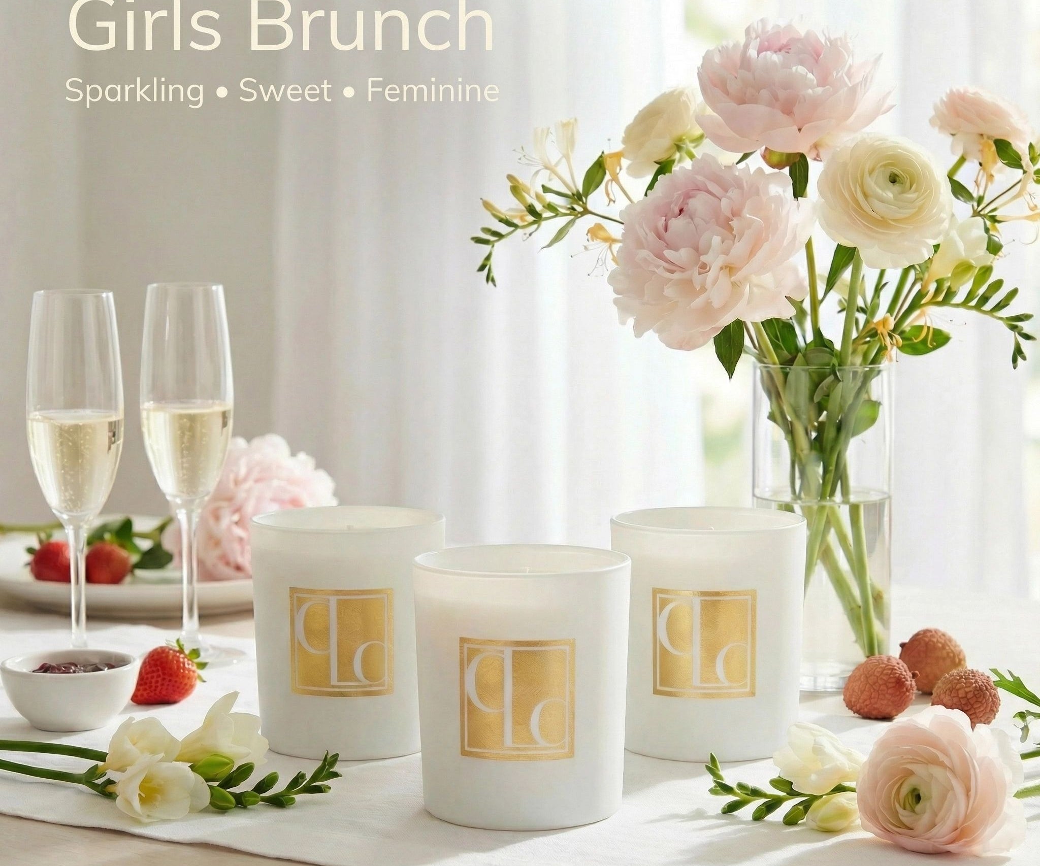 Caitlin Louise Collection Candles and glasses of champagne on a table with flowers and fruit.
