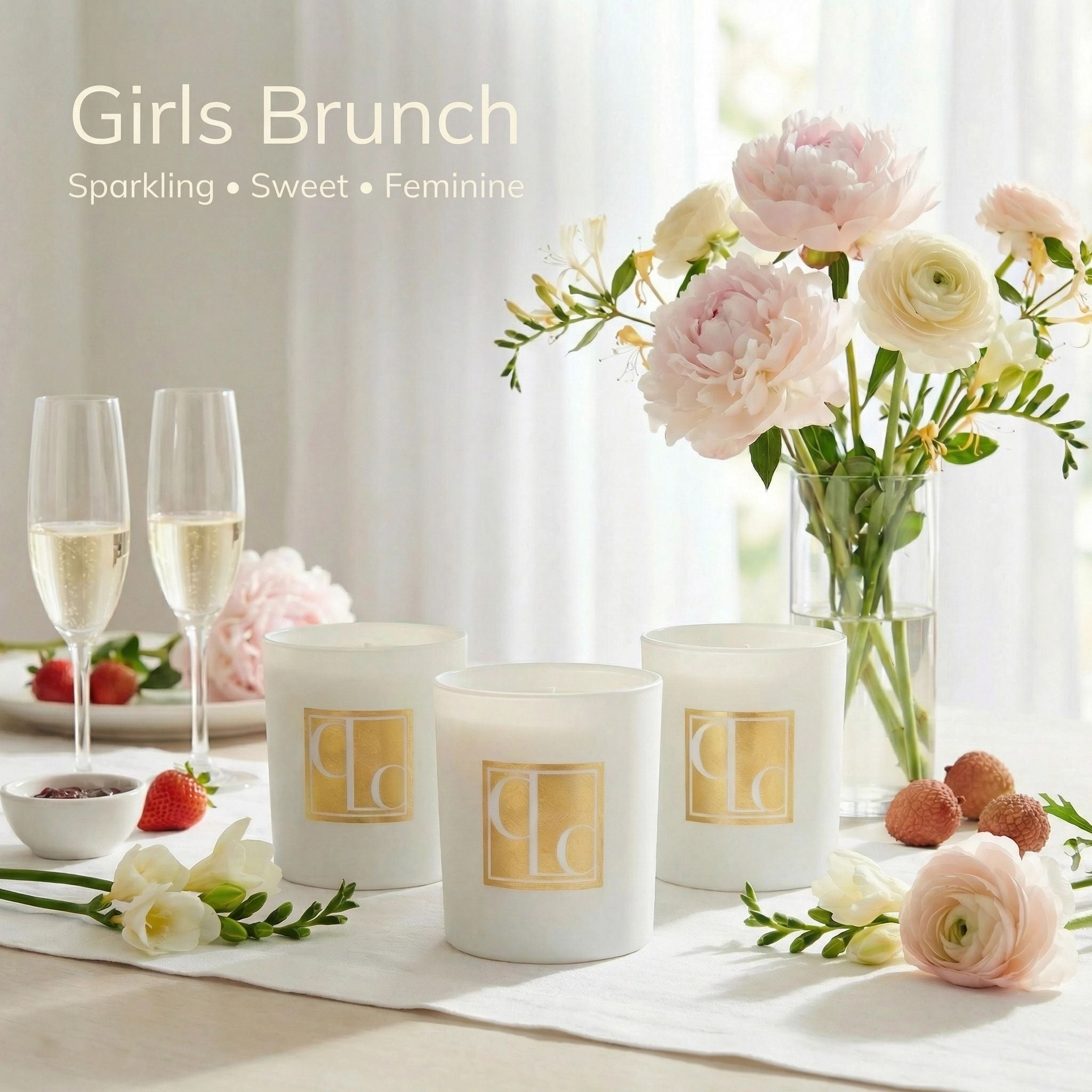 Caitlin Louise Collection Candles and glasses of champagne on a table with flowers and fruit.
