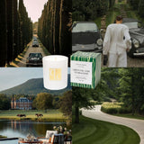 Collage of a candle, a box labeled 'Green Fig and Teakwood', a man in a suit, a road with trees, and a house by a lake.