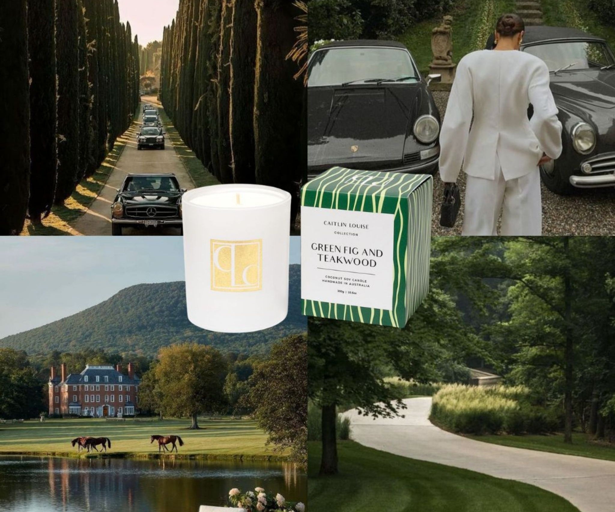 Collage of a candle, a box labeled 'Green Fig and Teakwood', a man in a suit, a road with trees, and a house by a lake.