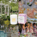 Collage of a garden party scene with a candle, Honeysuckle Neroli box, and people socializing.