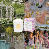 Collage of a garden party scene with a candle, Honeysuckle Neroli box, and people socializing.