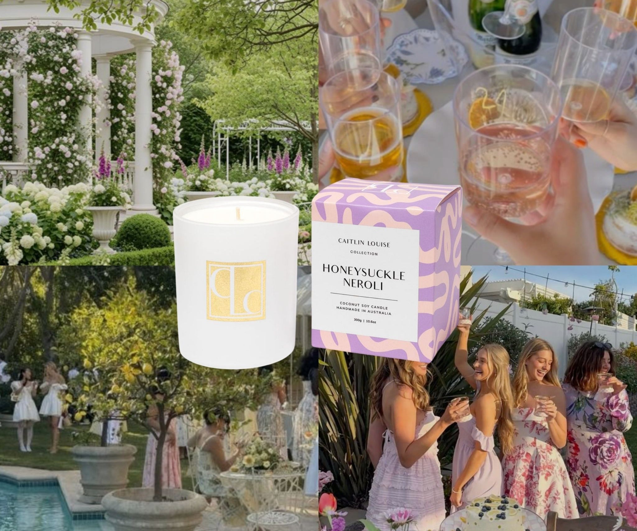 Collage of a garden party scene with a candle, Honeysuckle Neroli box, and people socializing.