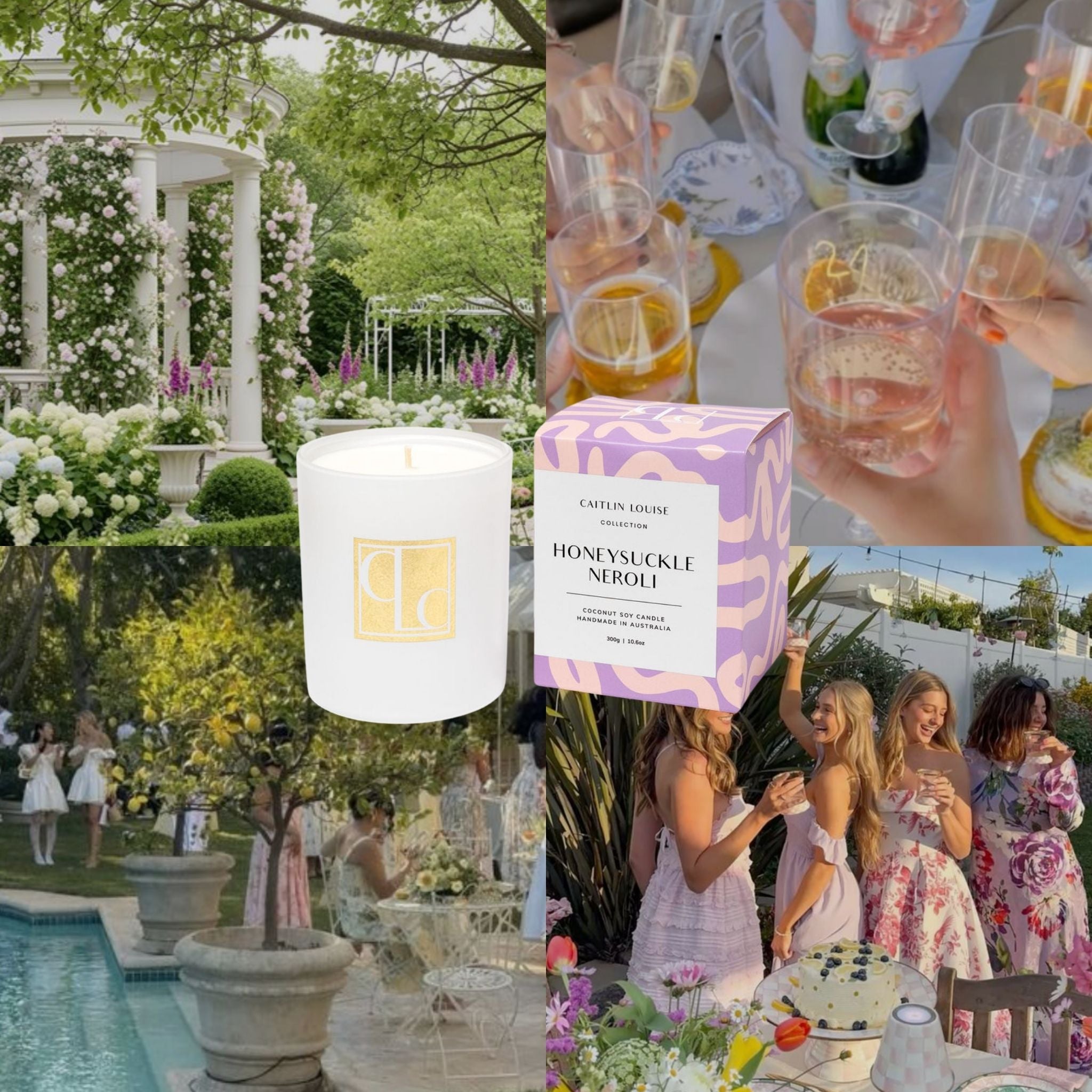 Collage of a garden party scene with a candle, Honeysuckle Neroli box, and people socializing.