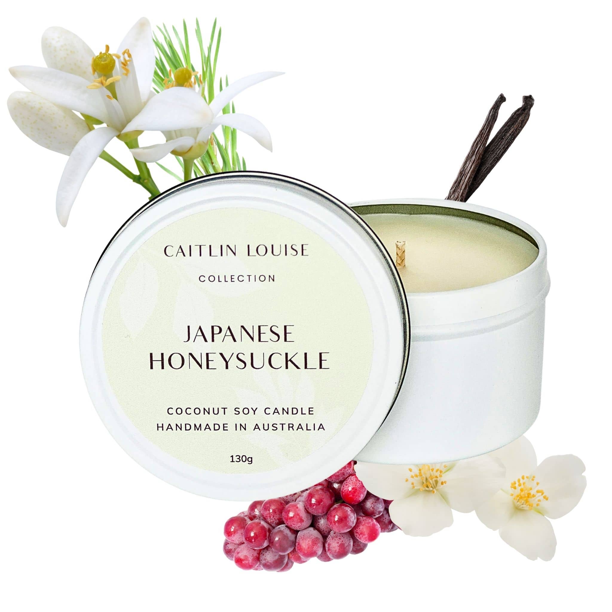 Japanese Honeysuckle scented travel tin candle - white background