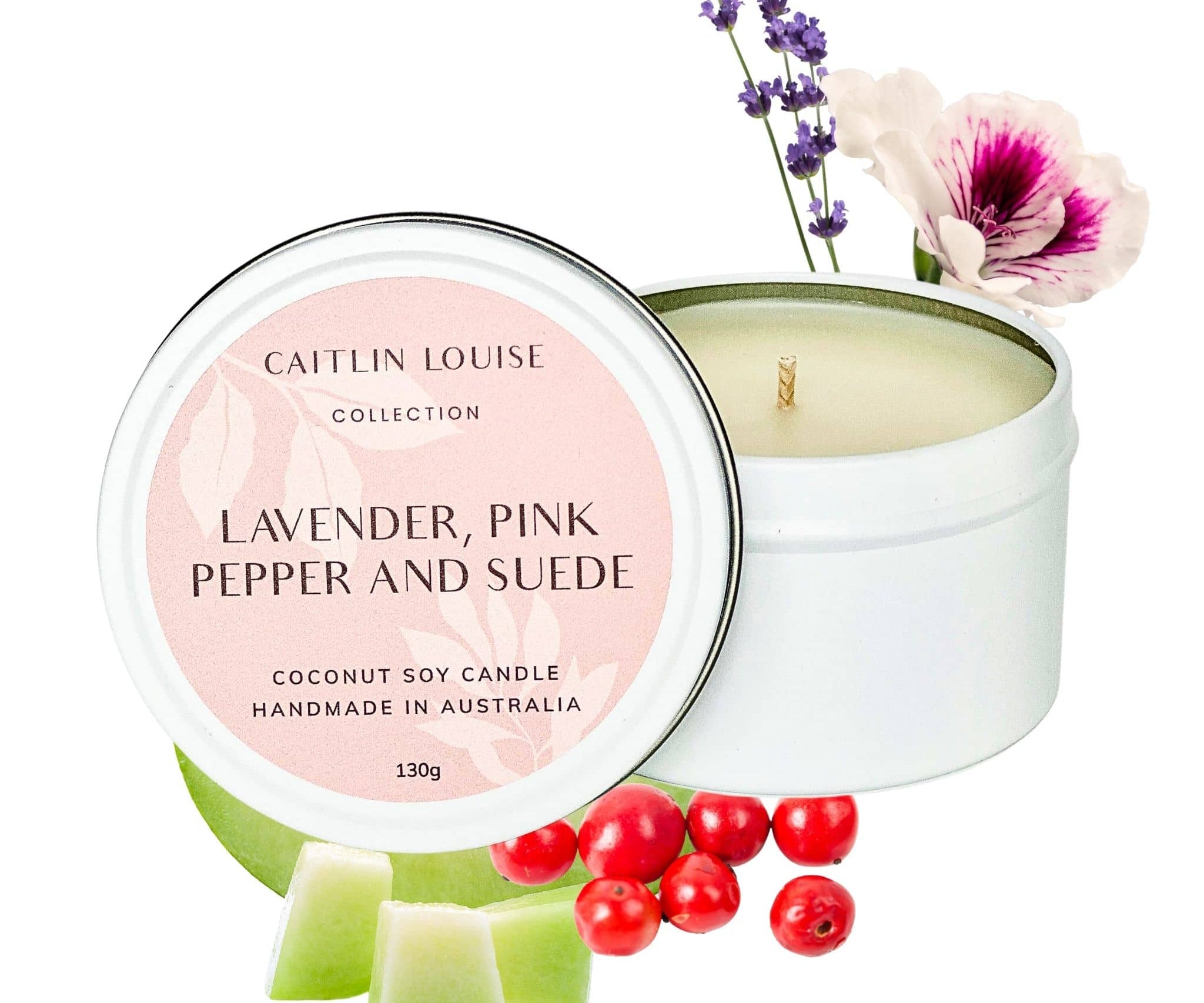 Lavender, pink pepper and suede scented travel tin candle