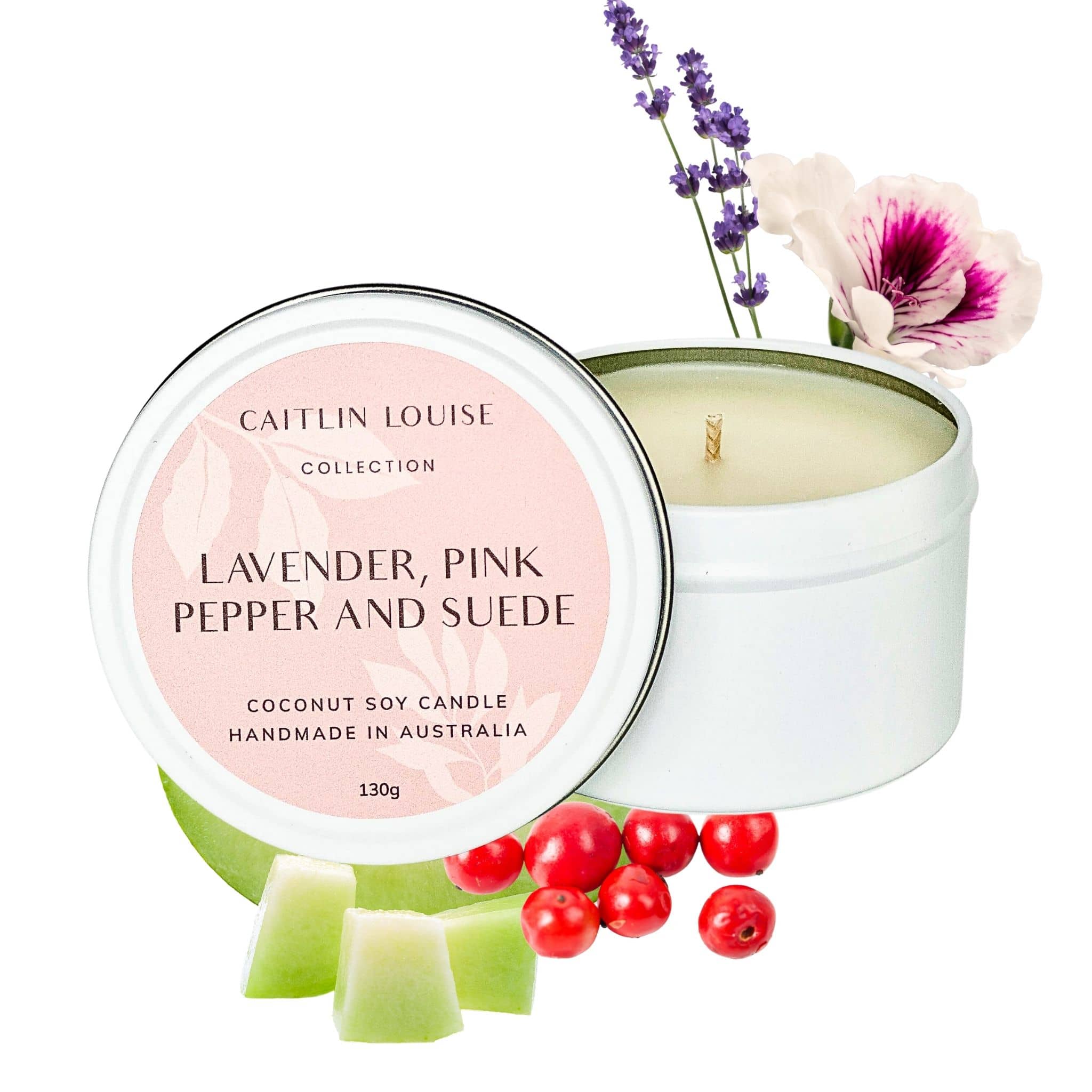 Lavender, pink pepper and suede scented travel tin candle