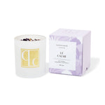Lavender crystal infused Candle with packaging labeled 'Le Calme' on a white background