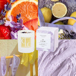 Collage of Le Calme candle, oranges, lavender and lemons with a textured background.