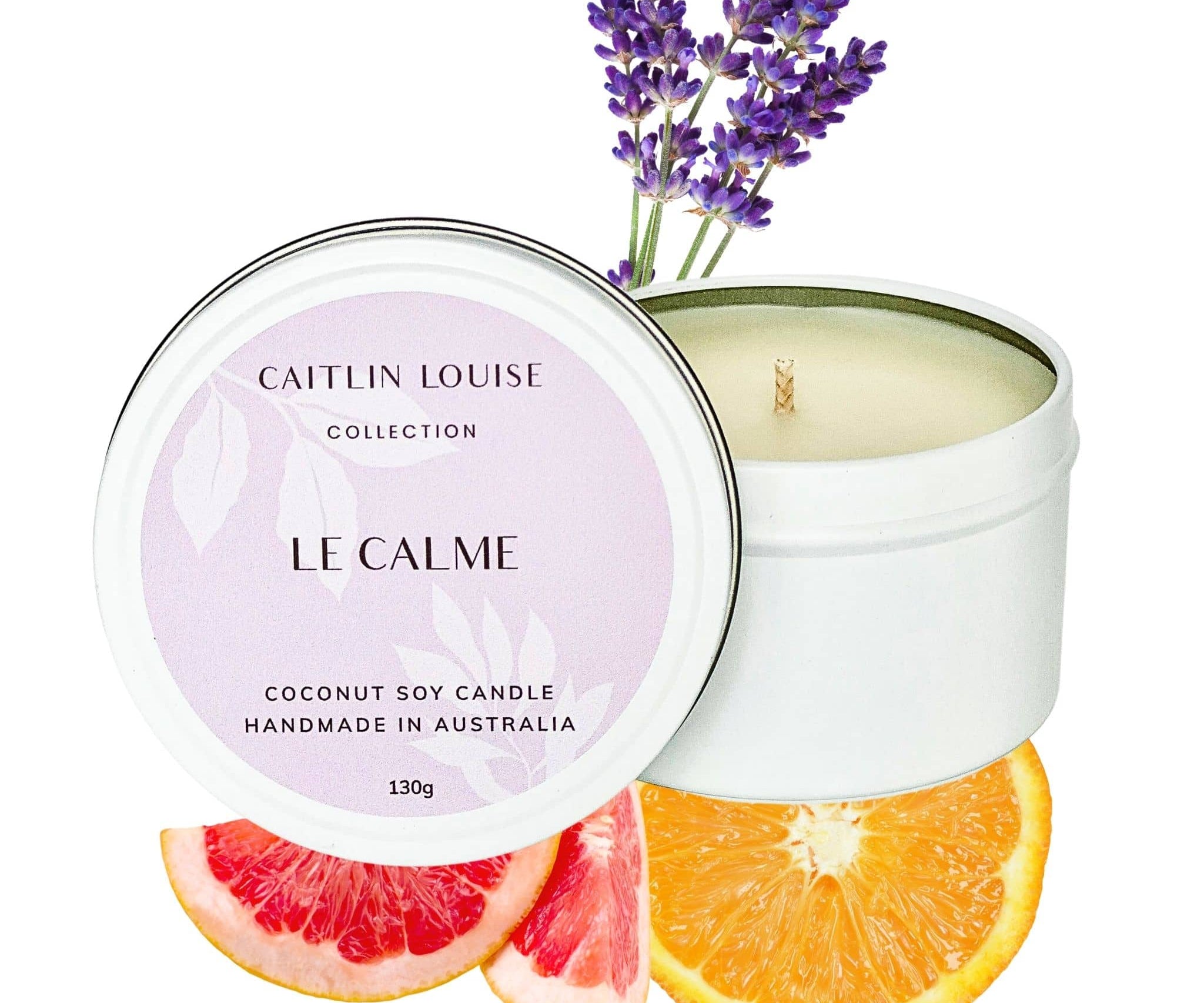 Le Calme scented travel tin candle - white background