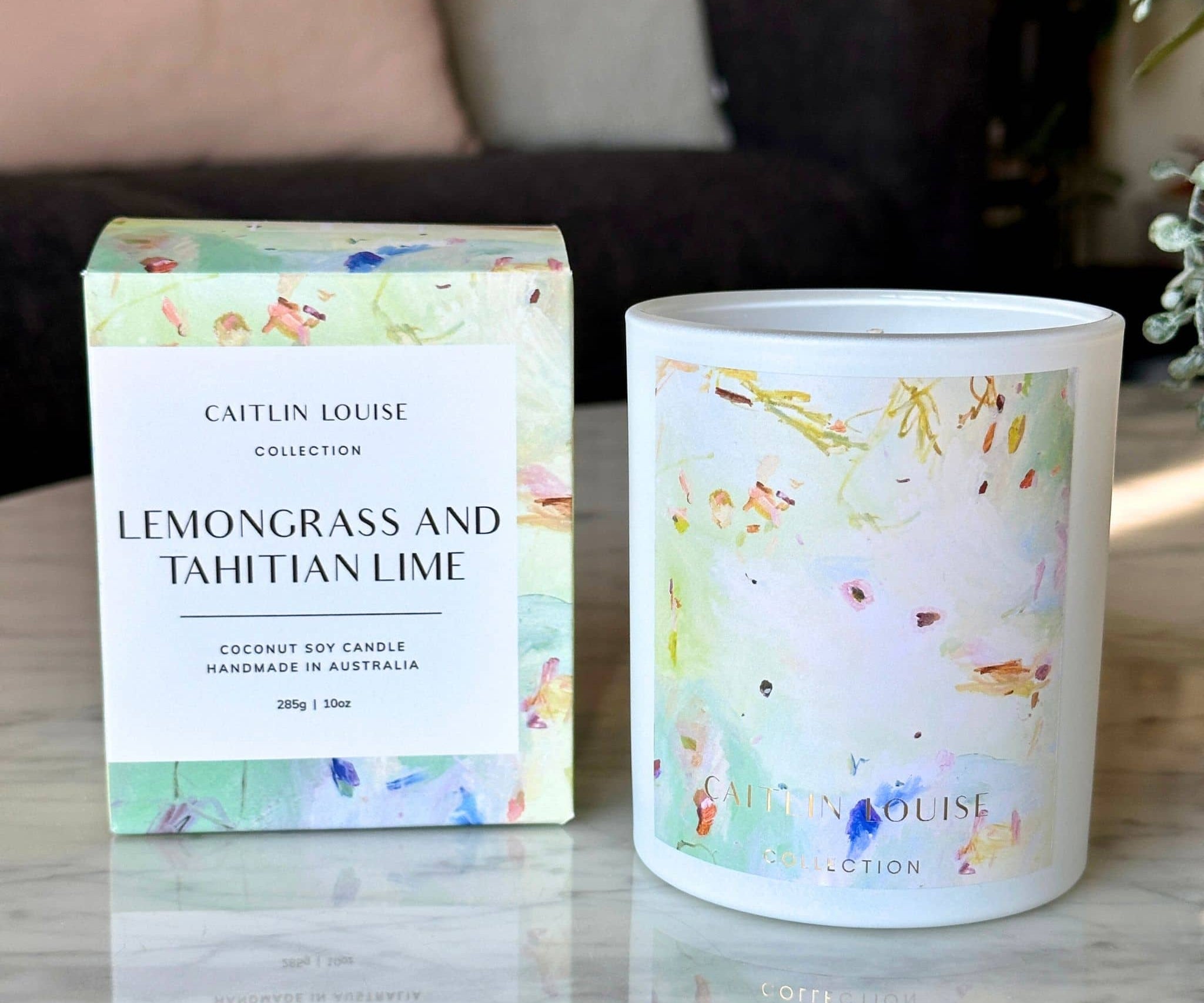 Lemongrass and Tahitian Lime Artist Candle with box in coffee table