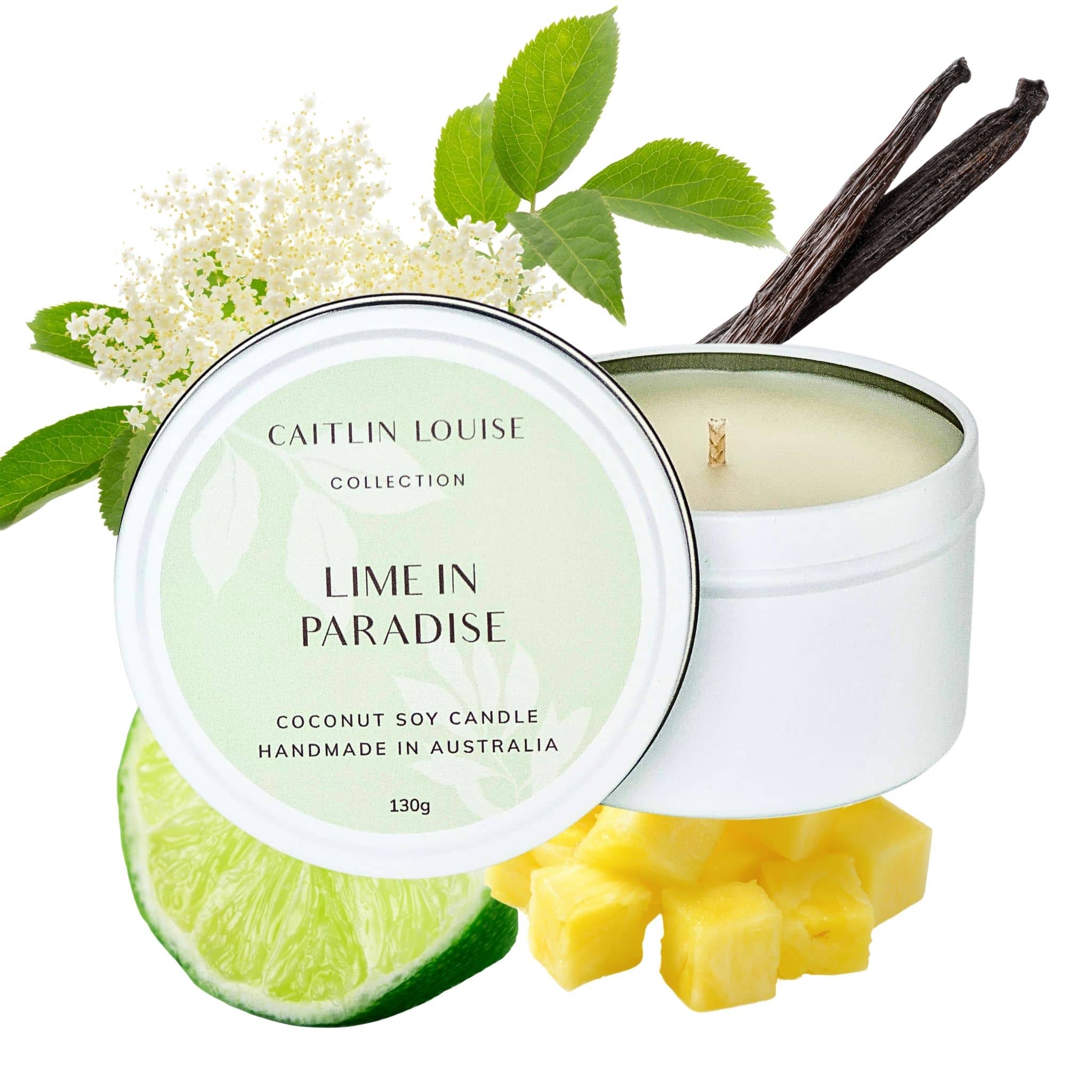 Lime in Paradise scented travel tin candle - white background