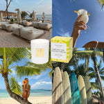 Collage of beach scenes, a candle, a box of coconut cream, and surfboards.