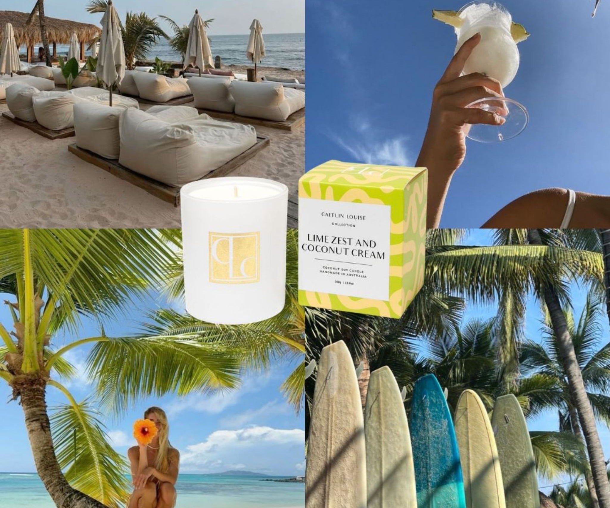 Collage of beach scenes, a candle, a box of coconut cream, and surfboards.
