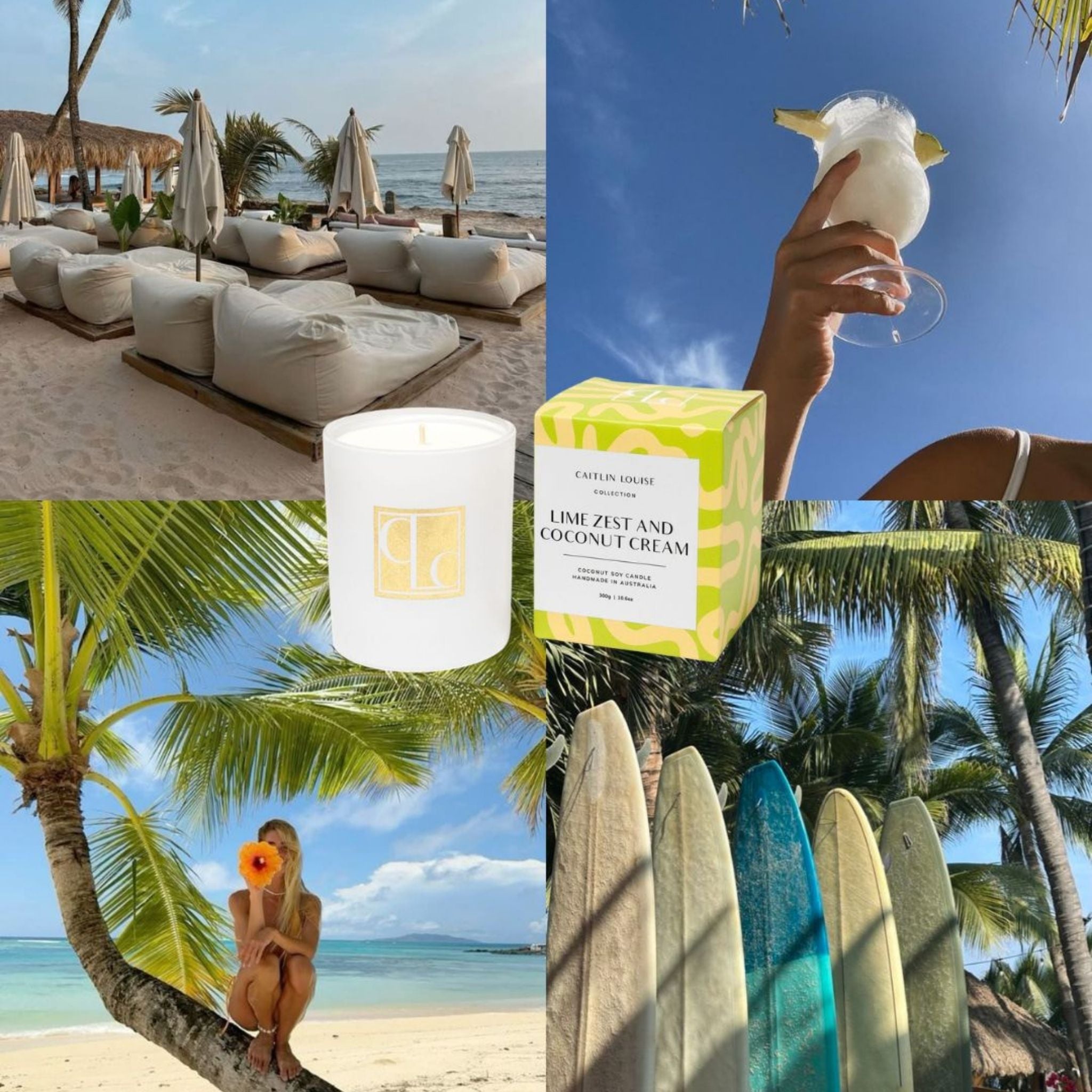Collage of beach scenes, a candle, a box of coconut cream, and surfboards.