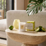 Candle and packaging on a wooden table with limes and a leaf in a living room setting