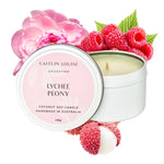 Lychee Peony scented travel tin candle - white background