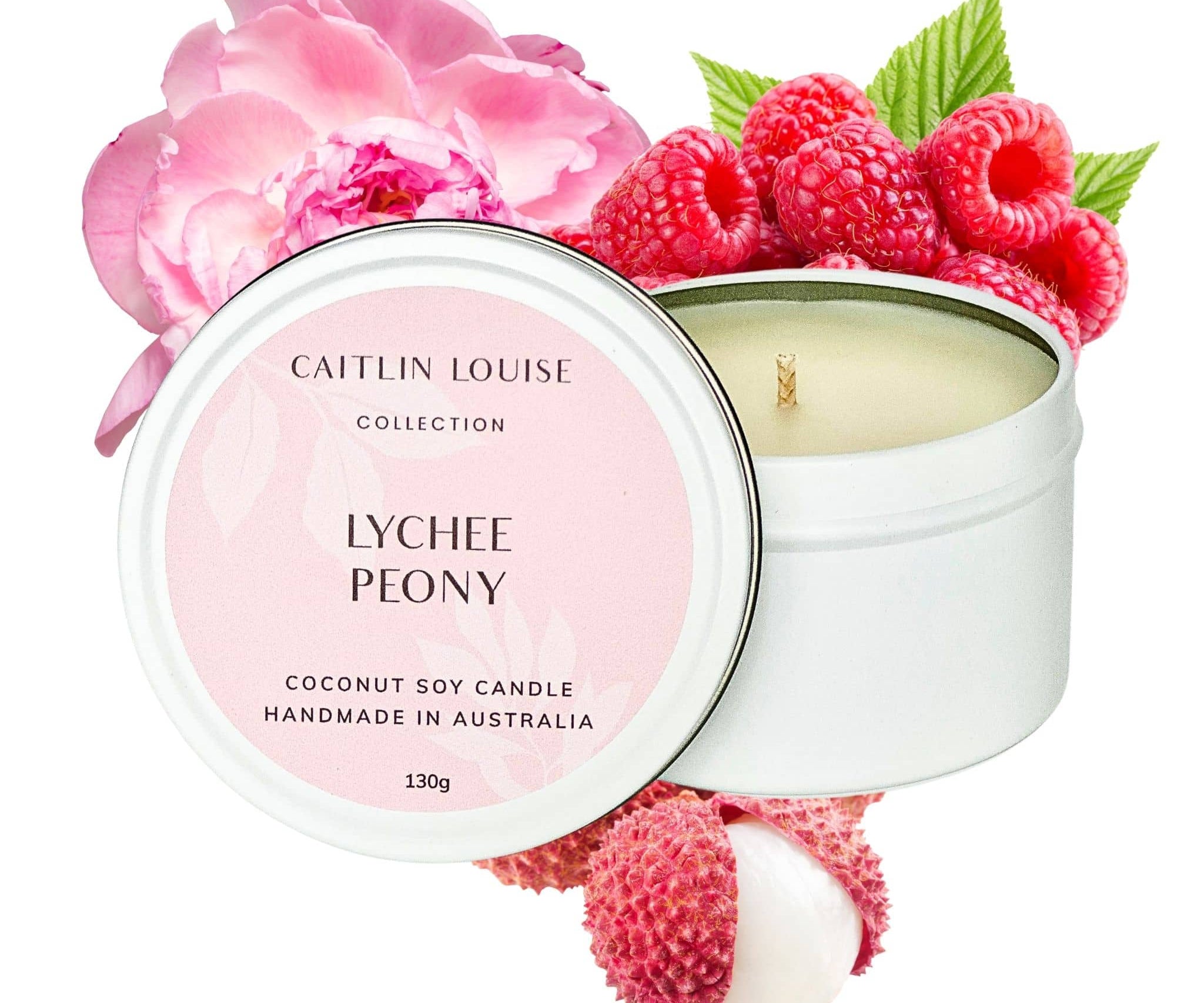 Lychee Peony scented travel tin candle - white background