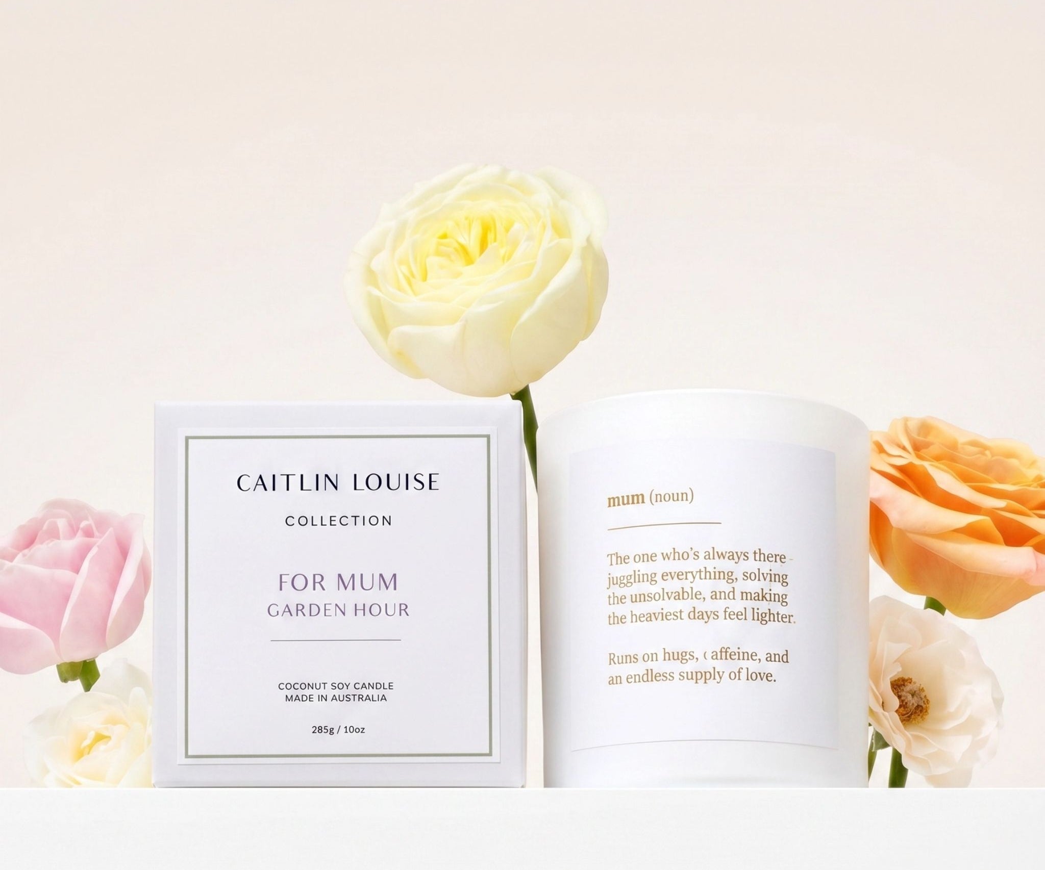 Caitlin Louise Collection Mother's Day candle with flowers on a light background