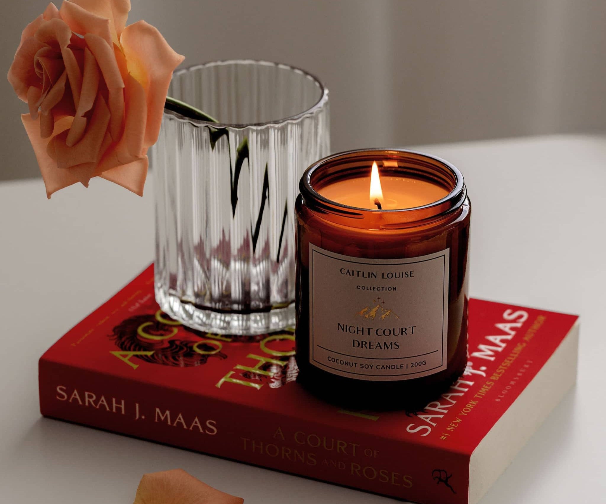 Caitlin Louise Collection Night Court Dreams Bookish Candle - styled on ACOTAR book with flower