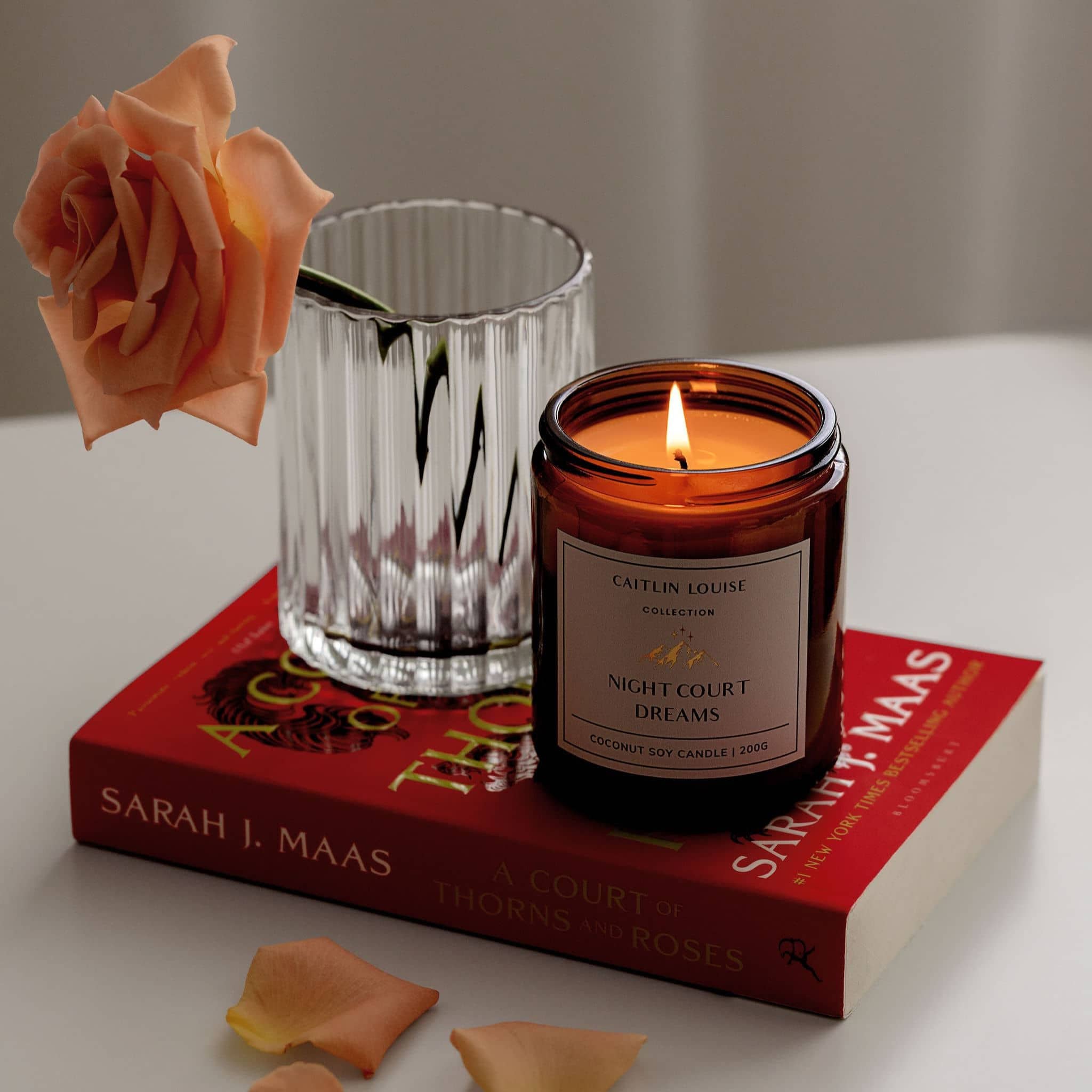 Caitlin Louise Collection Night Court Dreams Bookish Candle - styled on ACOTAR book with flower