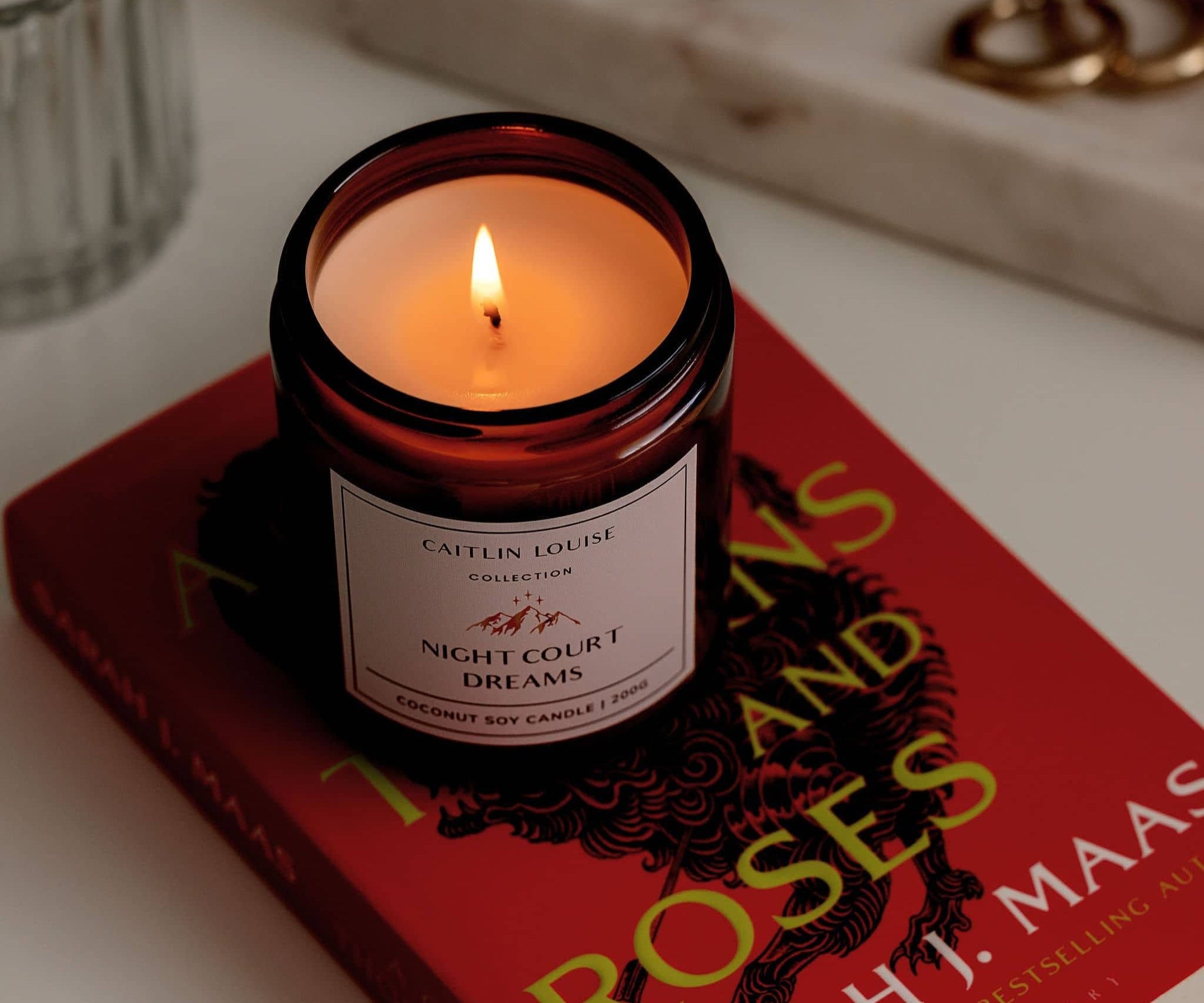 Caitlin Louise Collection Night Court Dreams Bookish Candle - styled on ACOTAR book - close up
