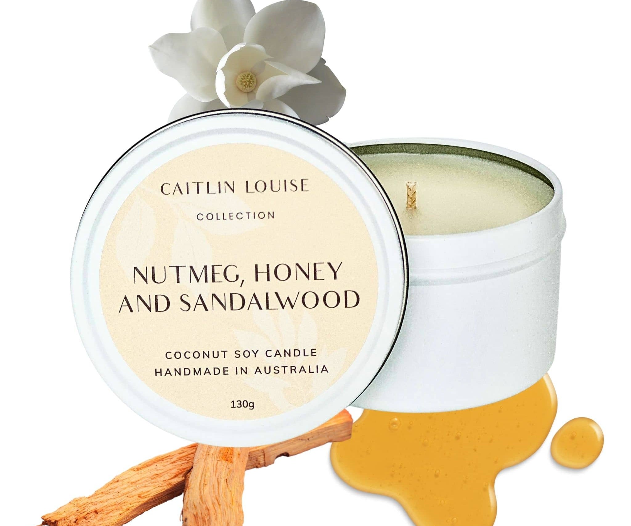 Nutmeg, honey and sandalwood scented travel tin candle - white background