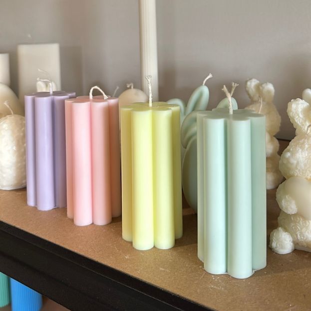 Blossom pillar candles - pastel colours on shelf