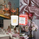 Collage of a bar setup, pink satin pillows, a candle, a box of candles, and a living room with people and flowers.