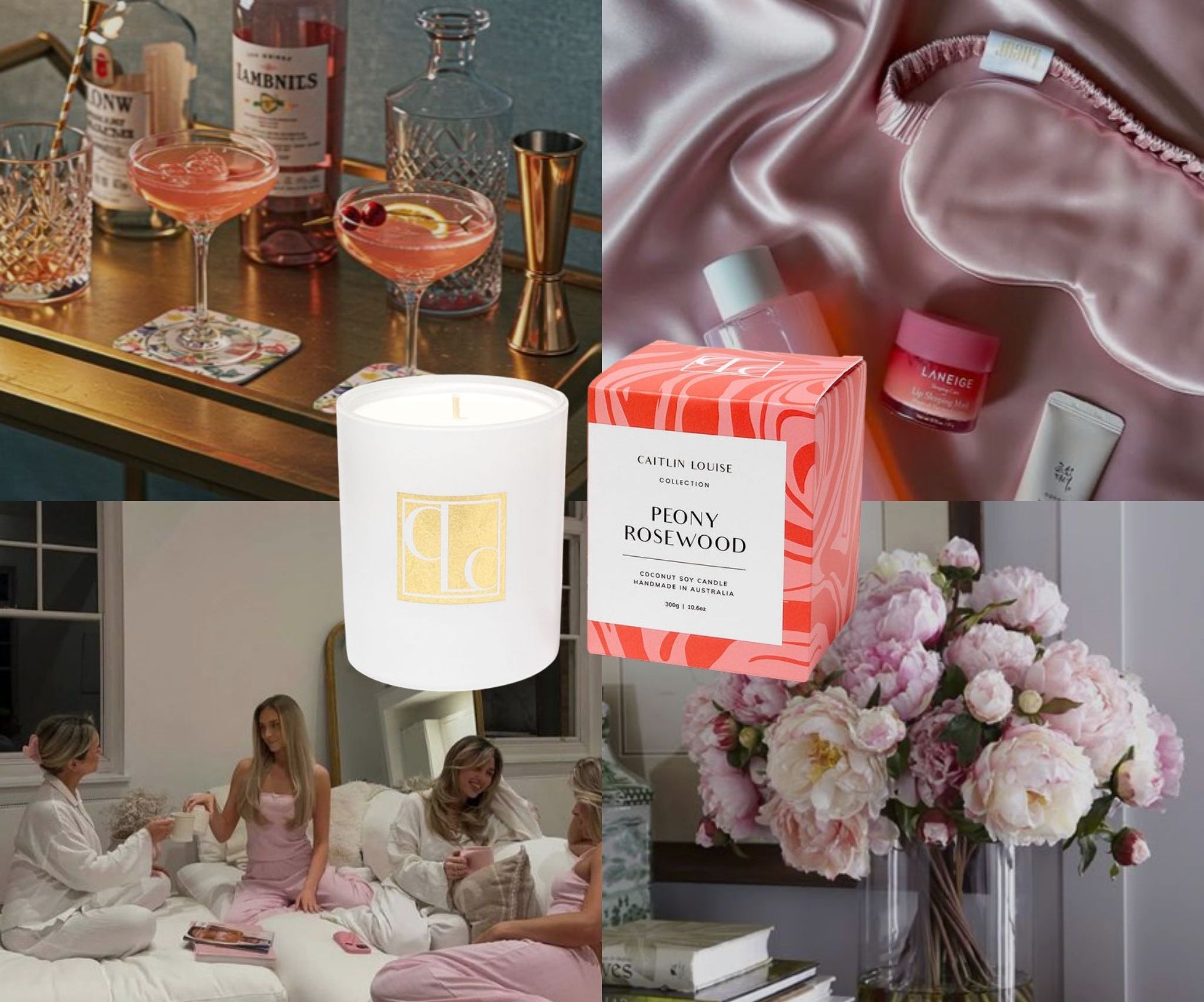 Collage of a bar setup, pink satin pillows, a candle, a box of candles, and a living room with people and flowers.