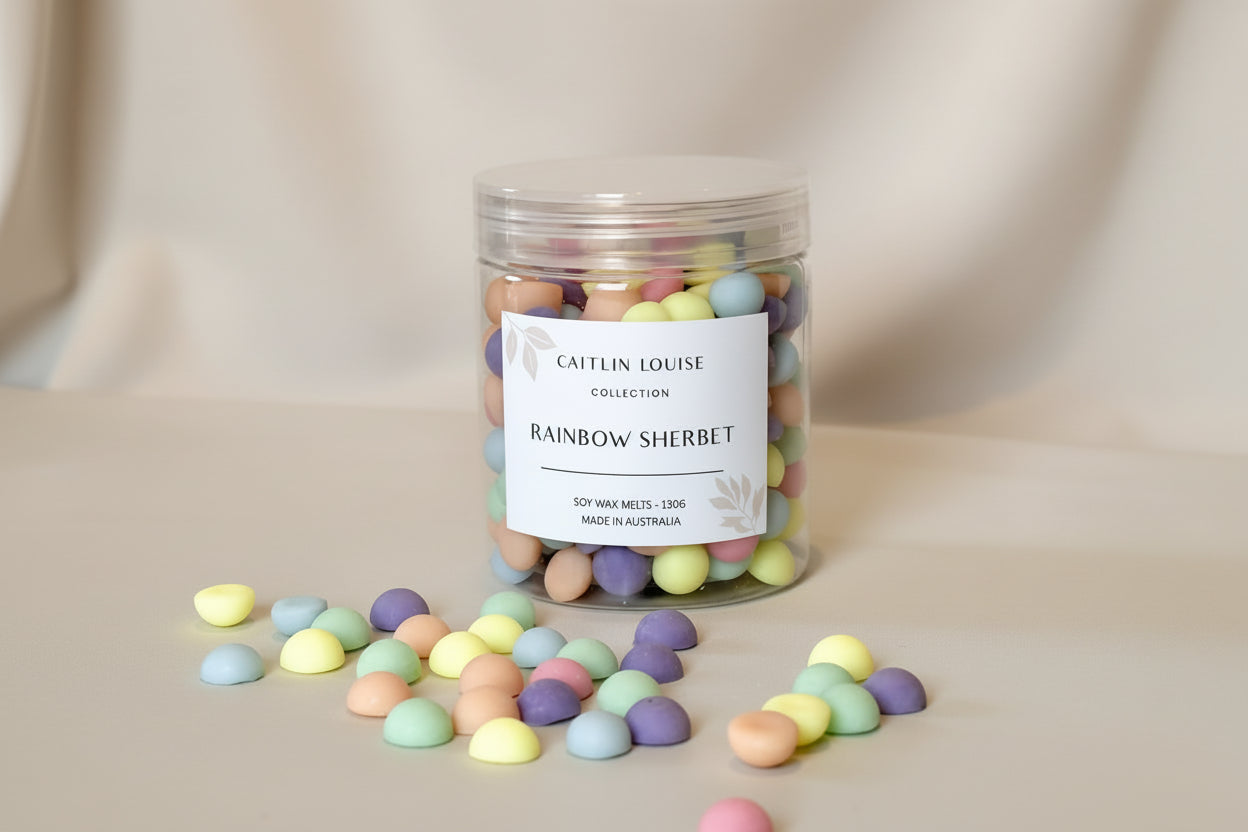 Caitlin Louise Collection's Rainbow Sherbet Soy Wax Melt Pebbles - white background - tan base