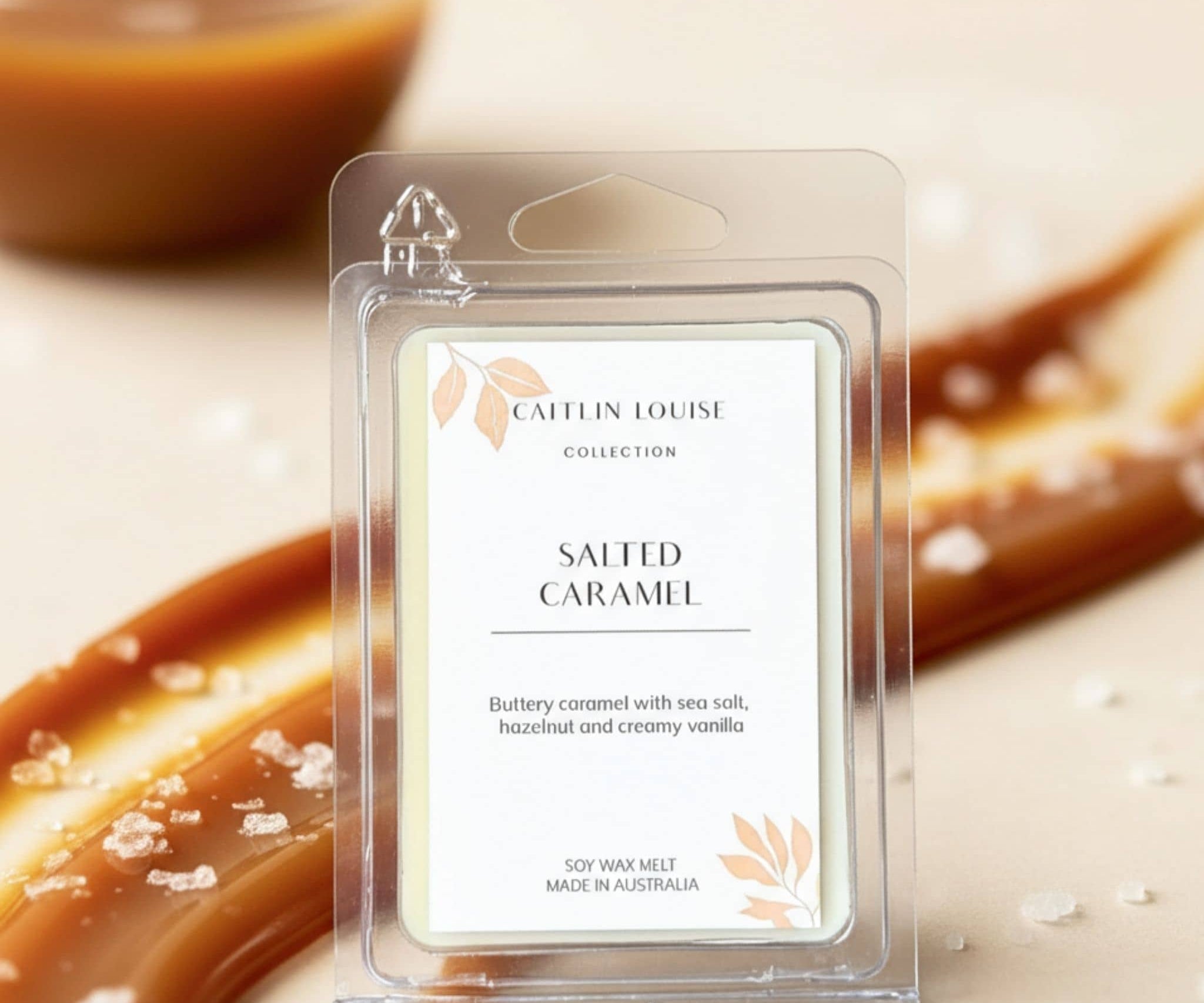 Caffin Louise salted caramel wax melt packaging with a caramel background