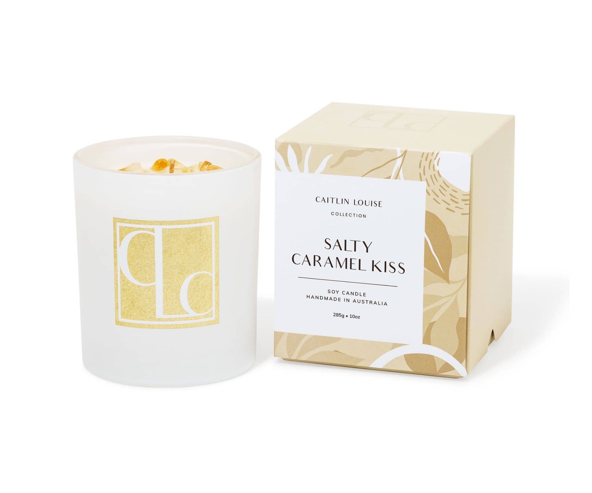 Salted Caramel Candle and its packaging with 'Caitlin Louise Collection' branding on a white background