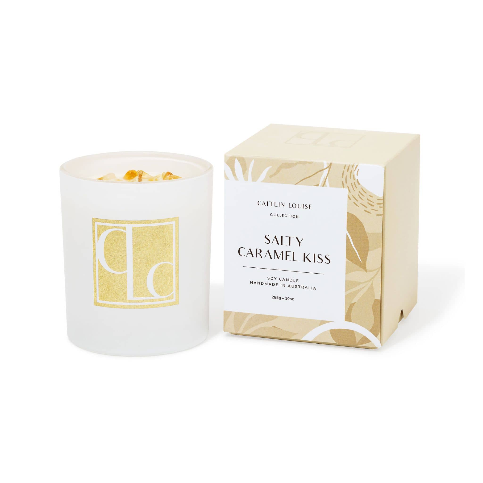 Salted Caramel Candle and its packaging with 'Caitlin Louise Collection' branding on a white background