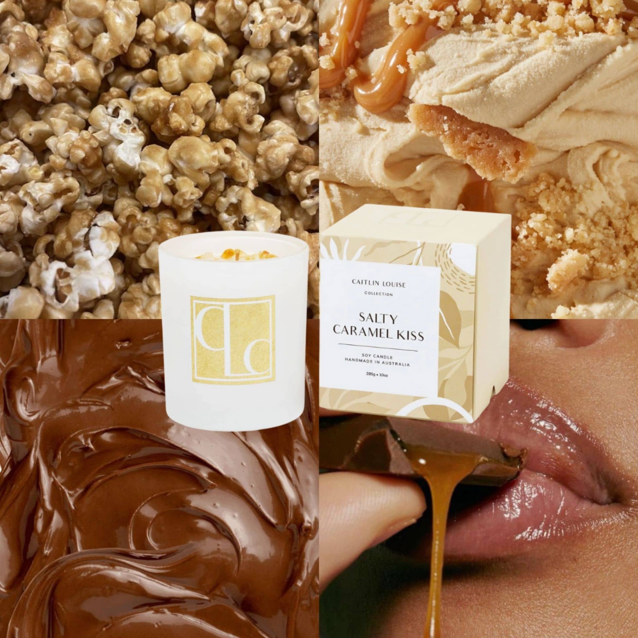 Collage of popcorn, cake, chocolate, and a candle with 'Salty Caramel Kiss' packaging.