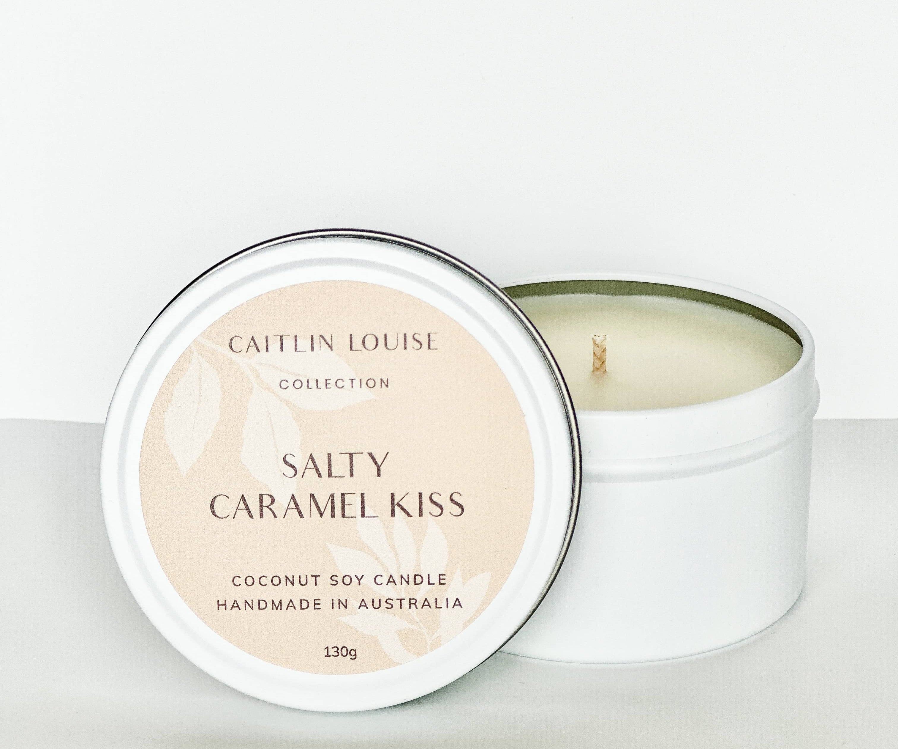 Salty Caramel Kiss Travel Tin Candle - white background