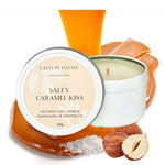 Salty caramel kiss scented travel tin candle - white background