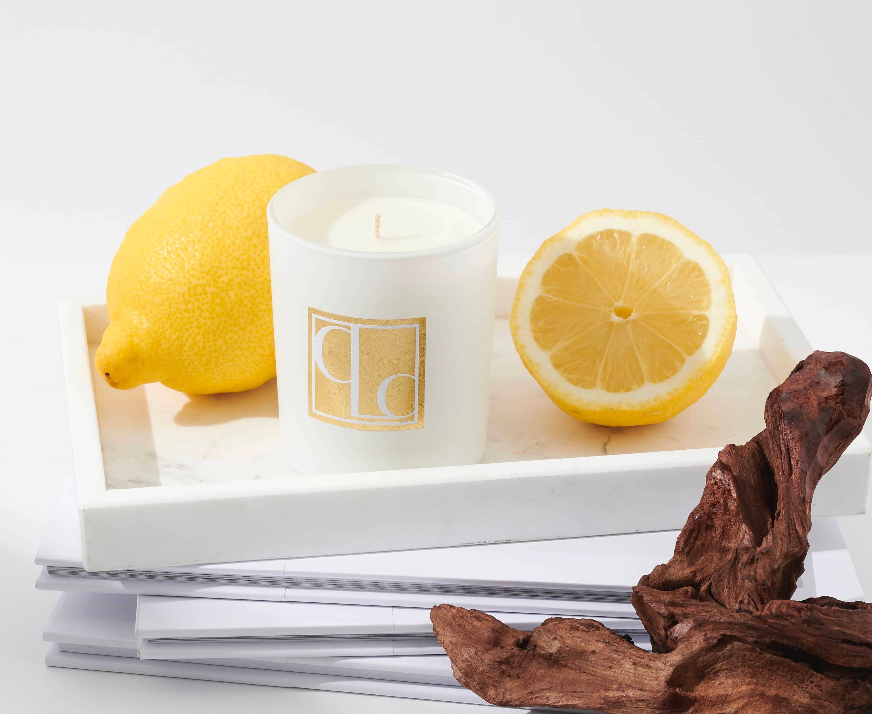 Caitlin Louise Collection Sea Salt and Driftwood Mini Candle styled on tray with lemons and driftwood - white background