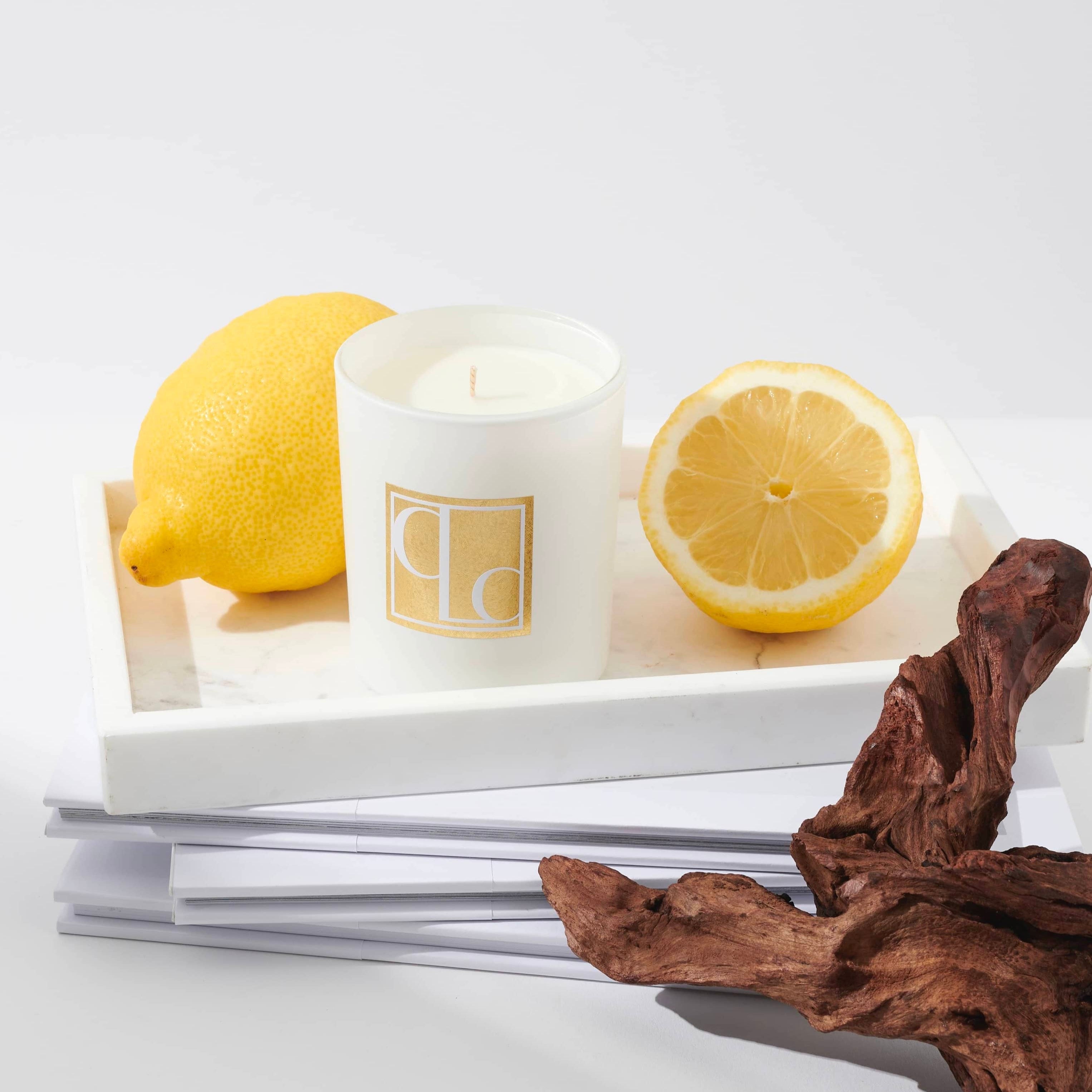 Caitlin Louise Collection Sea Salt and Driftwood Mini Candle styled on tray with lemons and driftwood - white background