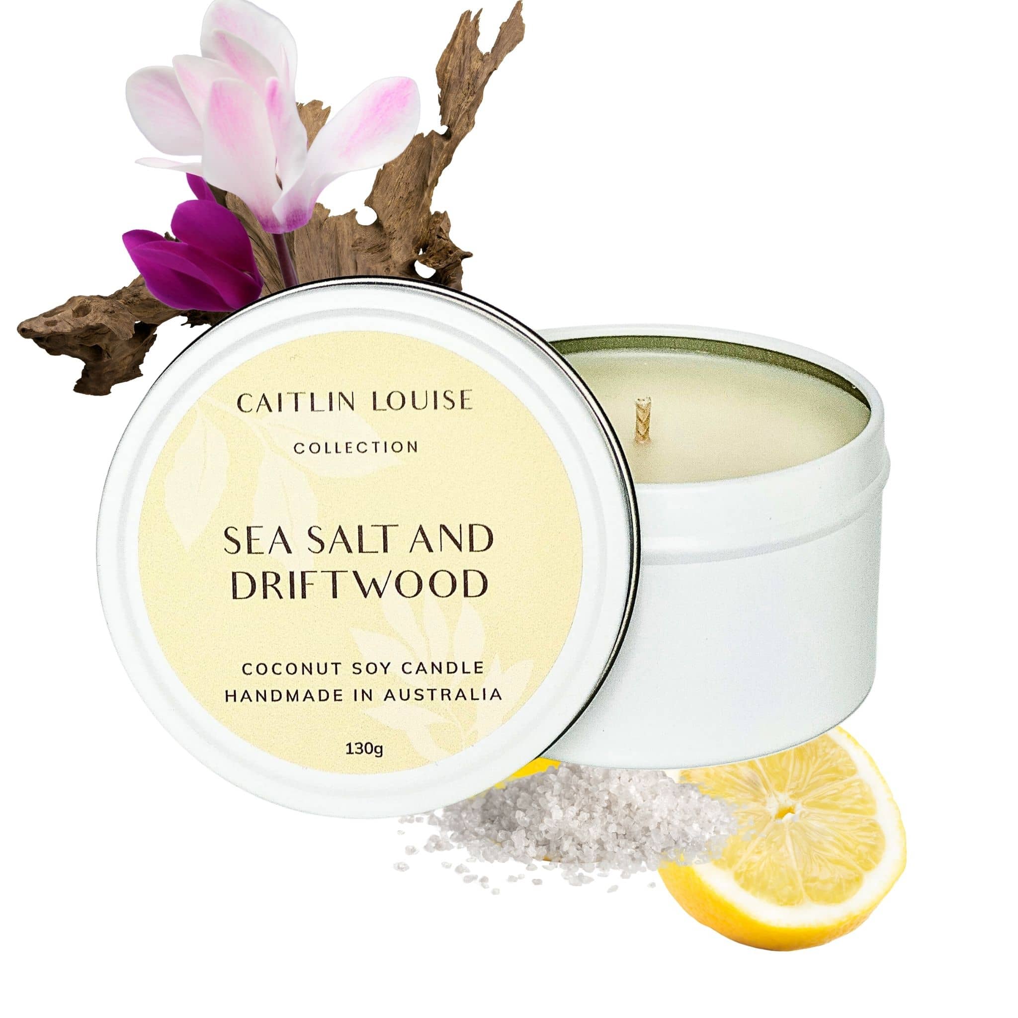 Seasalt and driftwood scented travel tin candle - white background