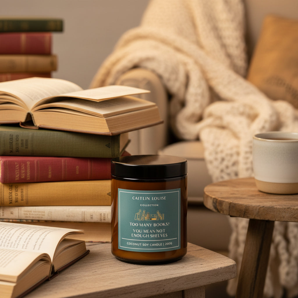 Candle with a label by Caitlin Louise Collection on a white background